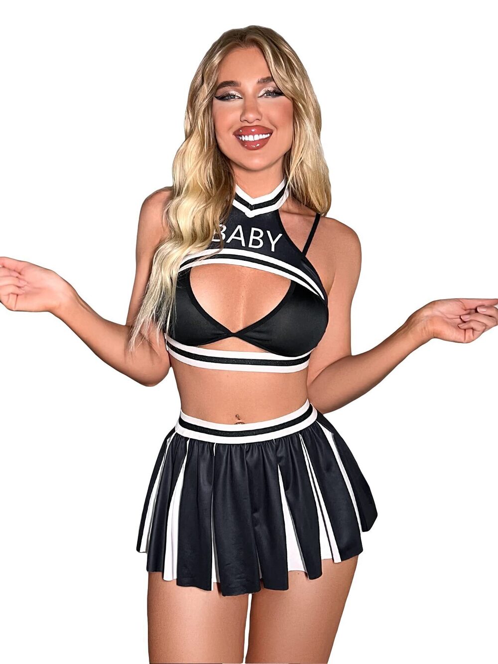 5966 4 Piece Letter Print Cheerleader Costume Cosplay Lingerie Set Black